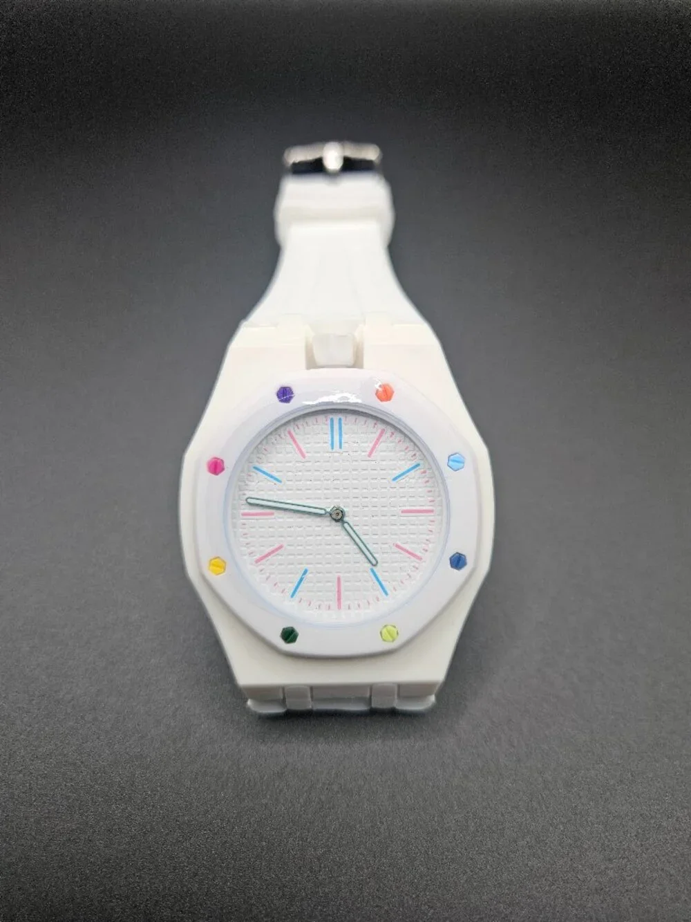 White Silicone Automatic Watch Multicolor Bezel